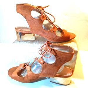 Topshop Brown Block Heel Lace Up Peep Toe Sandal sz 38